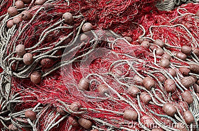 Tangled fishing nets of fishermen with large floats Stock Photo