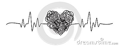 Tangled grungy HEARTBEAThand drawn scribble Cartoon Illustration