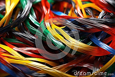 Tangled network of colorful wires, connection and global reach of payment network. Close-up. Generative Ai content Stock Photo