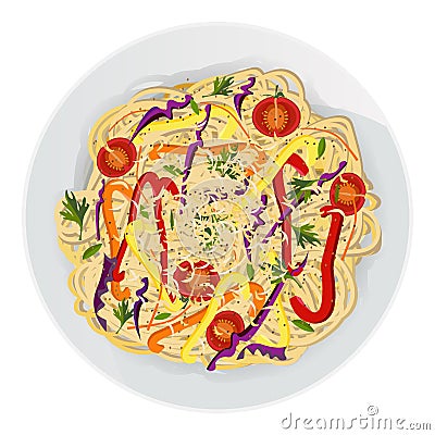 Vector illustration of long pasta with tomatoes, bell pepper, spices, parsley, purple cabbage in plate Vector Illustration