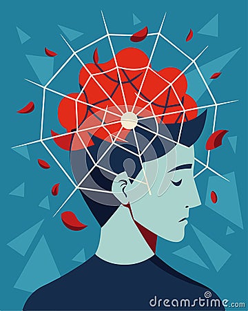 A tangled web of spiderwebs tangled thoughts and broken glass exploding out of a persons head depicting the tangled mess Vector Illustration