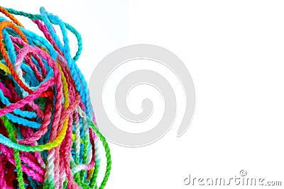 Tangled yarn, tangled colorful sewing threads on white Stock Photo