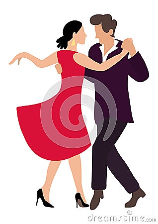 Tango couple dancing a passionate dance. Woman in a red dress and a man in a black suit. Illustration from a series of dances. Vector Illustration