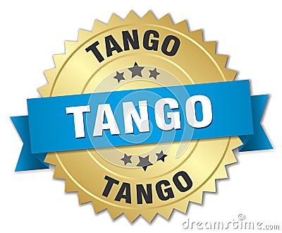 Tango gold badge with blue ribbon Vector Illustration