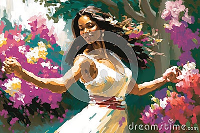tango dancer twirls in park, surrounded by blooming flowers Stock Photo