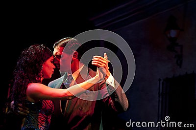 Tango Dancers at Night in Street of Buenos Aires, Argentina. Street Life, Couple Dancing Close Together, Head on Head. Editorial Stock Photo