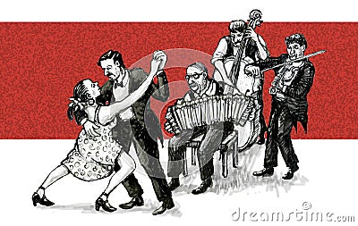 Tango dancers and musicians Cartoon Illustration