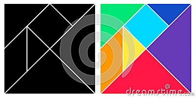 Tangram black and colorful base square brain game with pieces. Vector Illustration