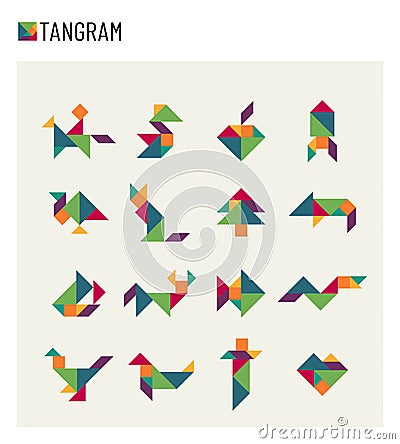 Tangram children brain game cutting transformation puzzle vector set Vector Illustration