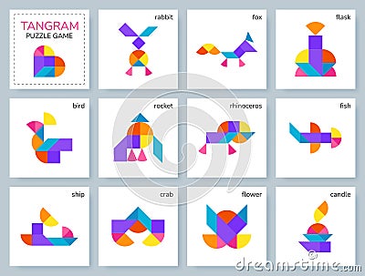 Tangram puzzle. Vector set with various objects. Vector Illustration