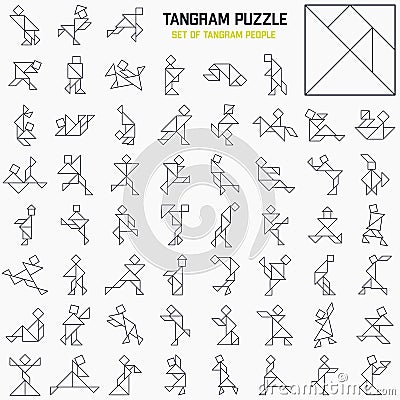 Tangram puzzle game. Tangram line with people. Vector Illustration