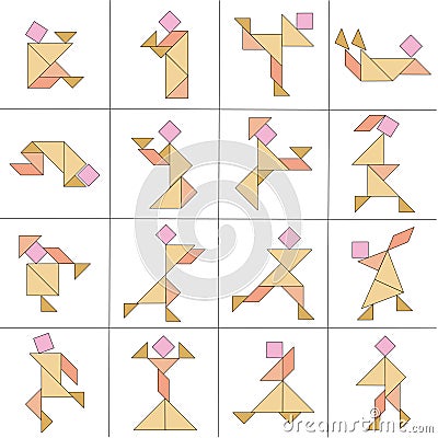 Tangram puzzle. Set with different poses of people Vector Illustration