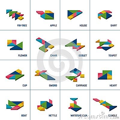 Tangram puzzle. Set of tangram isometric objects. Vector Illustration