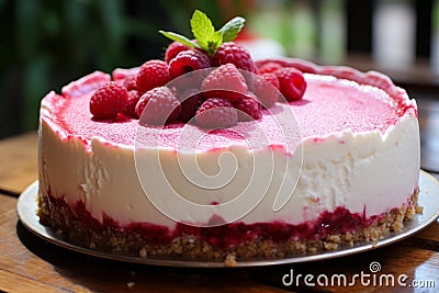 Tangy Raspberry cheesecake slice. Generate Ai Stock Photo