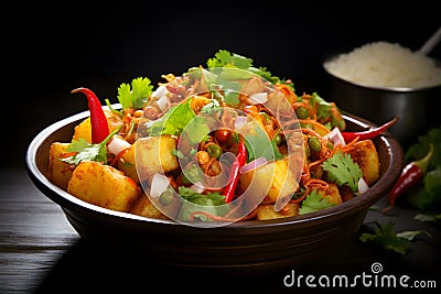 Tangy and spicy aloo chaat, a street food favorite featuring crisp potato cubes tossed Stock Photo