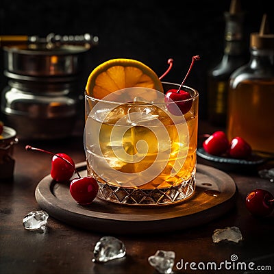 Tangy Whiskey Sour cocktail made with bourbon or rye whiskey, lemon juice, syrup, lemon wedge, cherry. AI generated Stock Photo