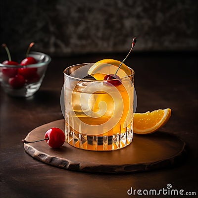 Tangy Whiskey Sour cocktail made with bourbon or rye whiskey, lemon juice, syrup, lemon wedge, cherry. AI generated Stock Photo