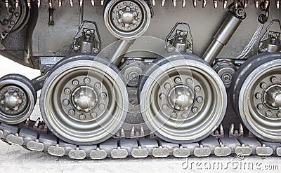 Tank close-up with wheel, caterpillar. American tank. Stock Photo