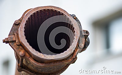 Tank gun, barrel muzzle of a military army close-up. Broken burnt tank. Barrel of a tank gun, selective focus. Destroyed and Stock Photo