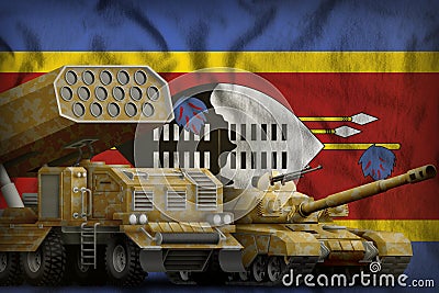 Swaziland heavy military armored vehicles concept on the national flag background. 3d Illustration Stock Photo