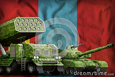 Mongolia heavy military armored vehicles concept on the national flag background. 3d Illustration Stock Photo