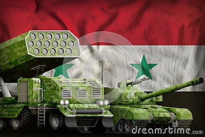 Syrian Arab Republic heavy military armored vehicles concept on the national flag background. 3d Illustration Stock Photo