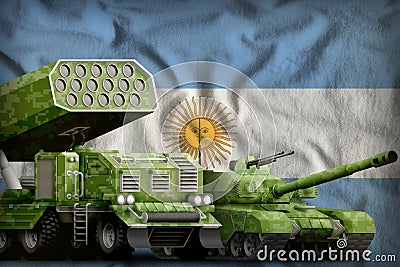 Argentina heavy military armored vehicles concept on the national flag background. 3d Illustration Stock Photo