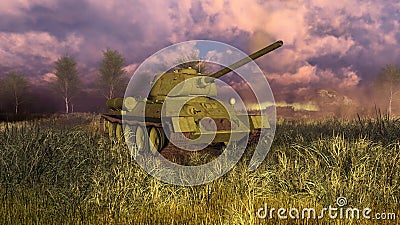 Tank T 34 at battlefield of World War II Cartoon Illustration