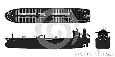 Tanker black silhouette. Cargo ship industrial blueprint. Petroleum boat view top, side and front. Isolated drawing Vector Illustration