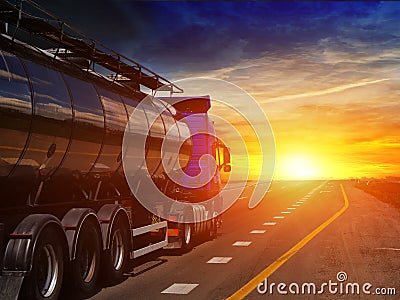 Tanker with chrome tanker on the highway. Stock Photo