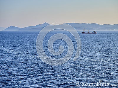 A Tanker crossing the Aegean sea with Greek coasts in background. Stock Photo