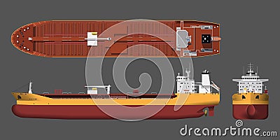 Tanker drawing. 3d cargo ship industrial blueprint. Petroleum boat view top, side and front. Isolated vehicle Vector Illustration