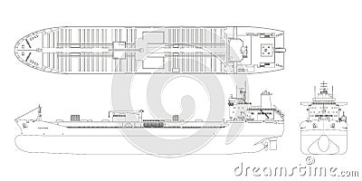 Tanker outline drawing. Contour cargo ship industrial blueprint. Petroleum boat view top, side, front. Isolated vehicle Vector Illustration