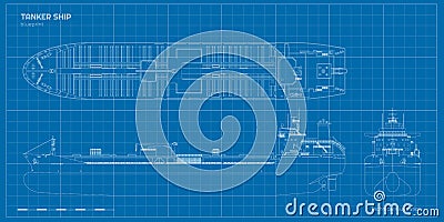 Tanker outline drawing. Contour cargo ship industrial blueprint. Petroleum boat view top, side, front. Vehicle document Cartoon Illustration