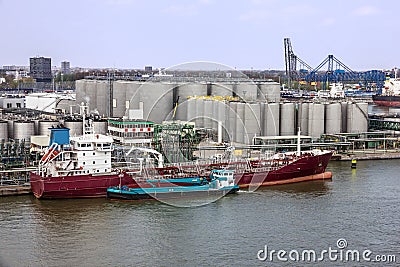 Tanker port terminal and cargo ship, Rotterdam, Netherlands Stock Photo