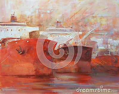 Tanker ships, modern handmade paintings Stock Photo