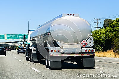 Tanker truck driving on the freeway in San Francisco Bay area, California Stock Photo