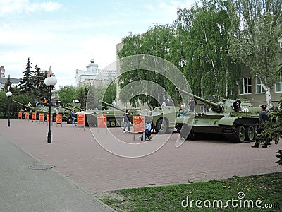 PENZA, RUSSIA - May 08, 2017: Tanks near the military enlistment office, Penza. On the plate is written tactical and technical Editorial Stock Photo