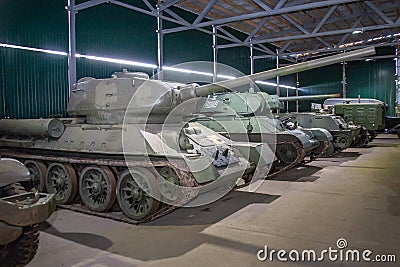 Tanks and vehicles of the Second World War in the Museum of military equipment in Central Russia. Editorial Stock Photo