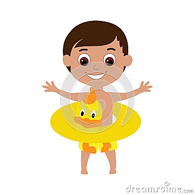 A tanned boy in a joyful mood spread his arms wide. The child is dressed in shorts and an yellow rubber ring. Vector Illustration