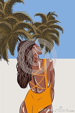 Tanned brunette in orange swimsuit on tropical beach. View from the back Vector Illustration