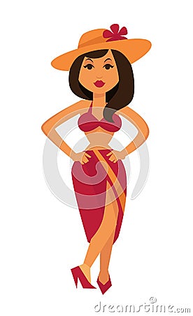 Tanned brunette woman in maroon swimsuit and straw hat Vector Illustration