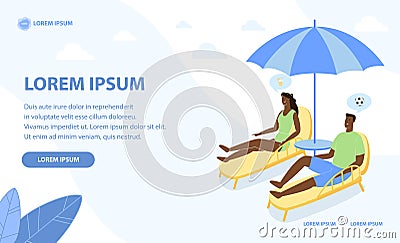 Tanned Couple Relaxing on Beach under Sun Umbrella Vector Illustration