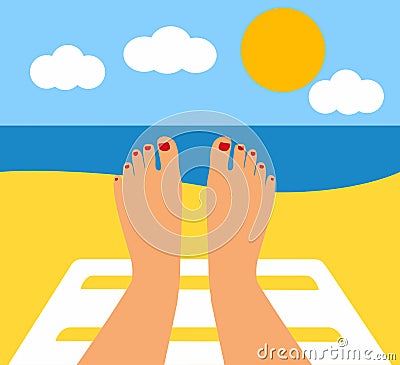 Tanned Feet and the sea. female legs against the sea, beach Vector Illustration