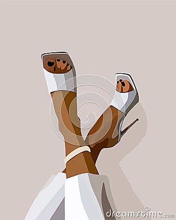 Tanned female legs in white sandals and pants Vector Illustration