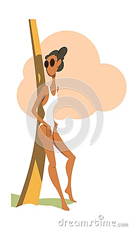 Tanned girl in a white bathing suit Vector Illustration