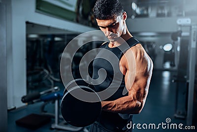 Tanned muscular athlete workout with dumbbell Stock Photo