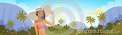 Tanned Woman In Bikini Over Tropical Forest Background, Girl Wear Hat On Summer Sea Vacation Vector Illustration