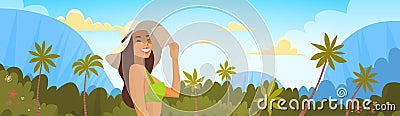 Tanned Woman In Bikini Over Tropical Forest Background, Girl Wear Hat On Summer Sea Vacation Vector Illustration