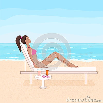 tanned woman lying on the chaise lounge and sunbathing on the beach Cartoon Illustration